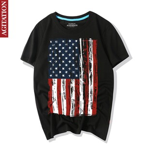 Agitation纯棉短袖T恤圆领男款衣服 美国国旗 星条旗 USA