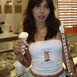 BM纯欲风甜心辣妹芭比可爱小熊字母印花蝴蝶结花边上衣女抹胸短款