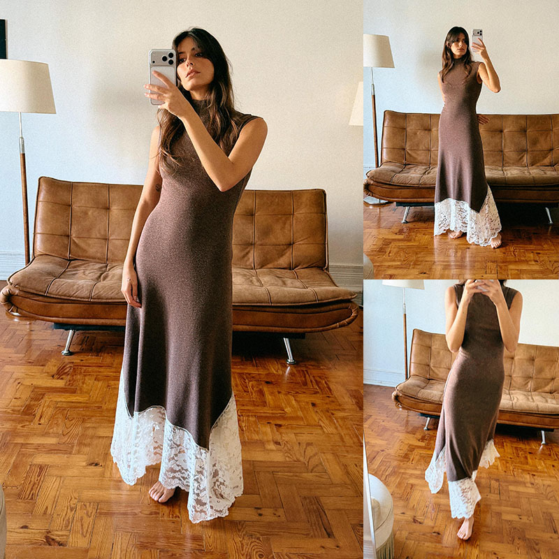 2025冬季新品 女装 甜美半高领蕾丝拼接长款连衣裙 5039236 700