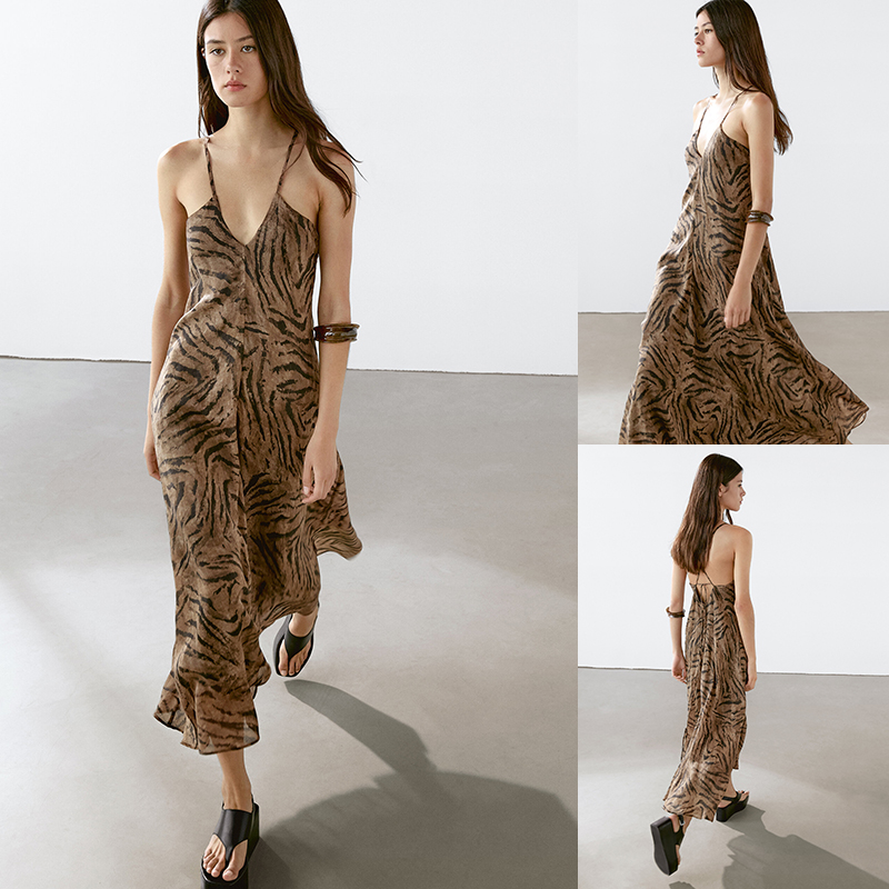 ZA2025夏季新品 女装 性感虎纹垂坠感长款吊带连衣裙 06607808717