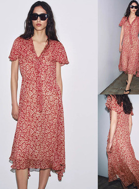 2026夏季新品 女装 甜美气质短袖V领花朵印花连衣裙 2111100 094