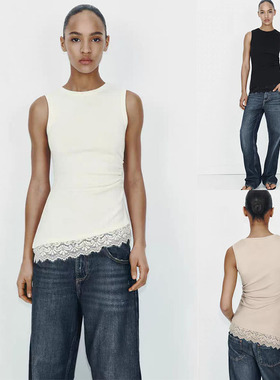 2026春季新品 女装 圆领不对称褶皱蕾丝上衣 1067155 251 748 800