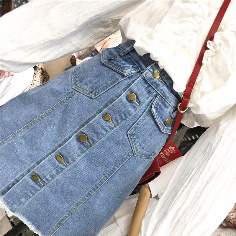 单排扣毛边高腰牛仔半身裙夏季新款韩版修身显瘦A字裙短裙女蓝色|ruв категории Женская одежда, юбка - от Buy2taobao.com для оказания профессиональной услуги покупки агента Taobao