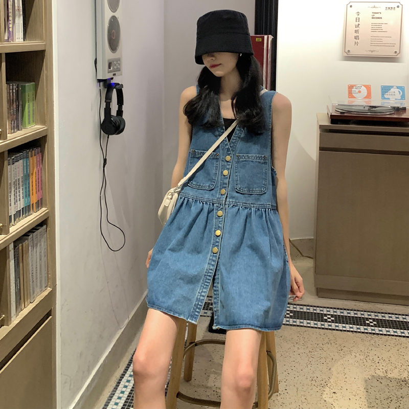 實拍實價 2021夏季韓版高腰復古寬鬆顯瘦牛仔背心裙牛仔連衣裙