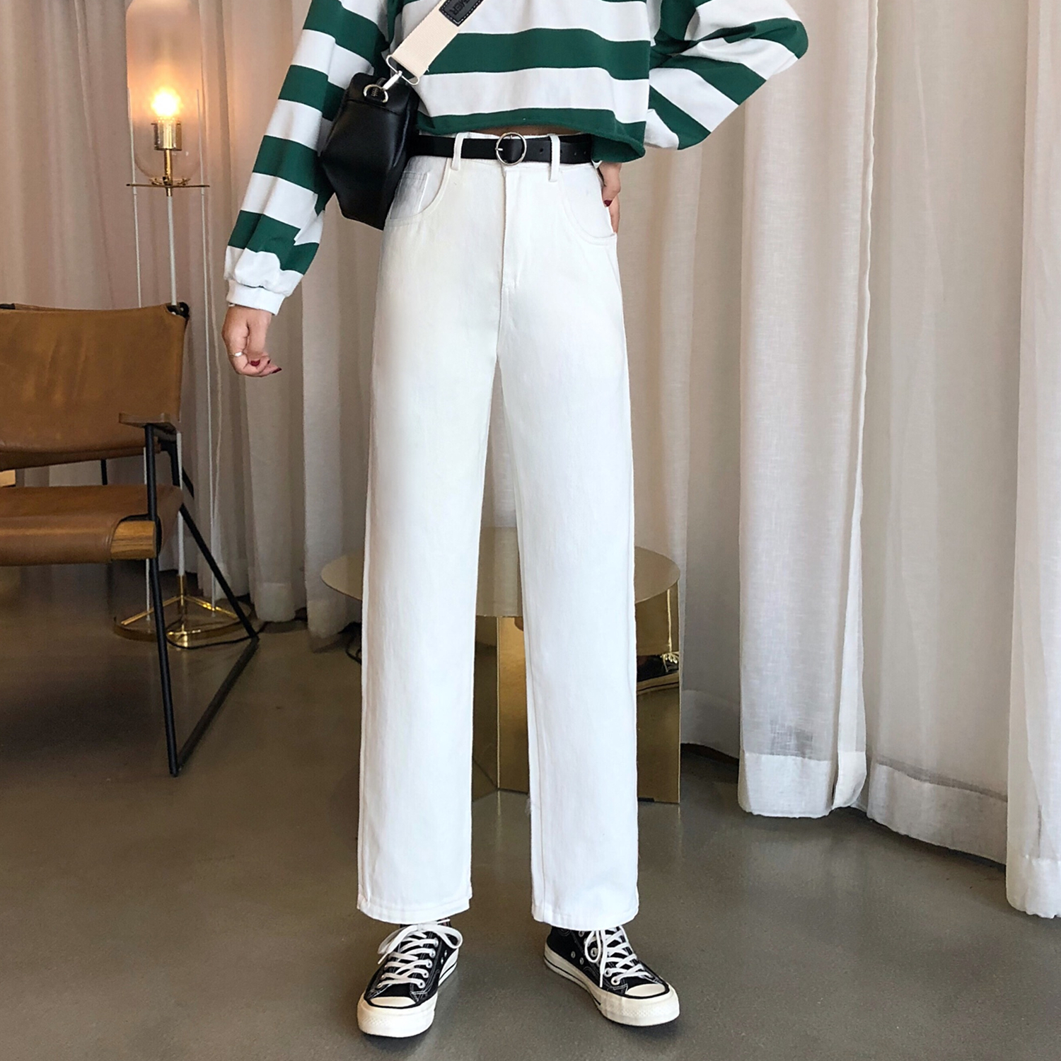 Real-price Korean version of high waist SLIM STRAIGHT trousers net Hongpan elegant breeze jeans women