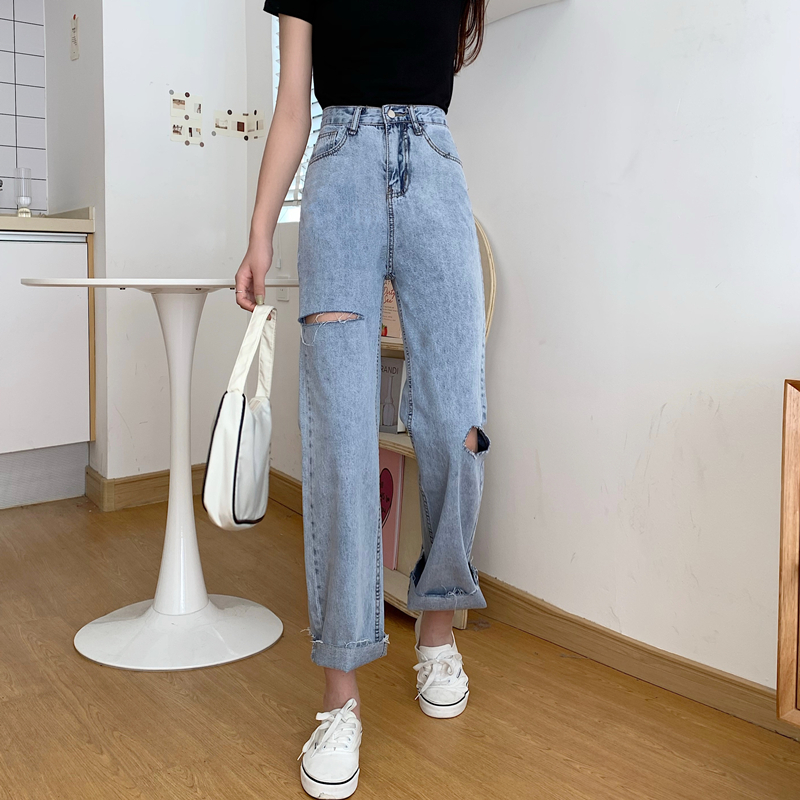 Real price 2021 summer high waist straight tube loose hole show thin floor pants wide leg pants jeans