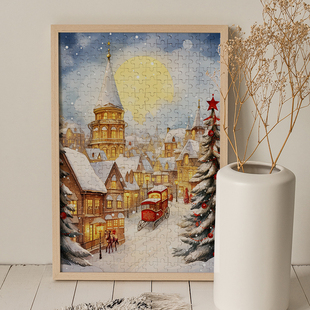 木质拼图300/500/1000片大型成年人减压儿童益智拼块圣诞雪夜明月