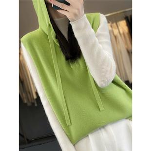 针织马甲背心女春秋外穿带帽卫衣叠穿帽衫女无袖坎肩修身连帽毛衣