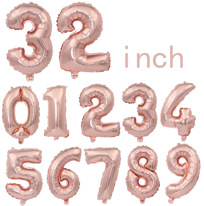 32寸中号玫瑰金数字0-9铝膜气球铝箔球儿童生日气球布置派对拍照