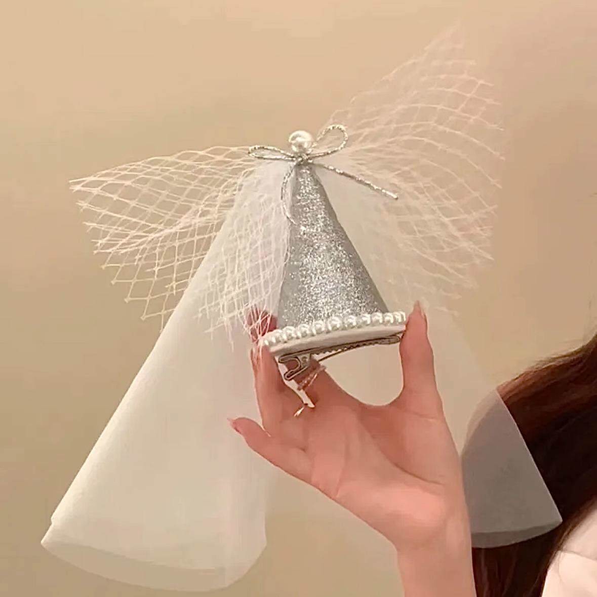 网红银色生日帽子头饰拍照氛围感道具女生成人儿童装饰品头纱发夹