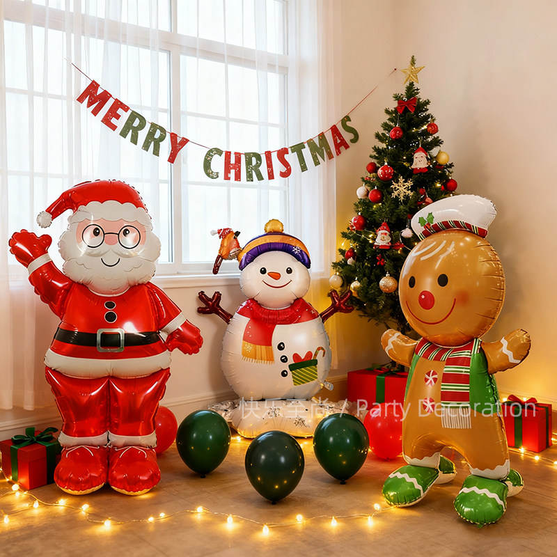 底座站立圣诞节铝膜气球圣诞老人雪人姜饼人新年派对装饰场景布置