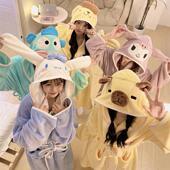 美乐蒂浴袍女吸水速干珊瑚绒睡袍连帽秋冬季 加厚可穿浴巾卡通浴衣