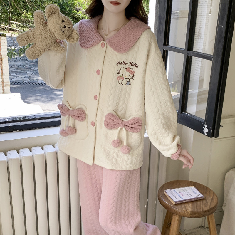 凯蒂猫空气棉睡衣女秋冬天加厚夹层棉初中生大童家居服HelloKitty