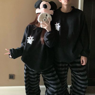 线条小狗情侣睡衣女秋冬季珊瑚绒