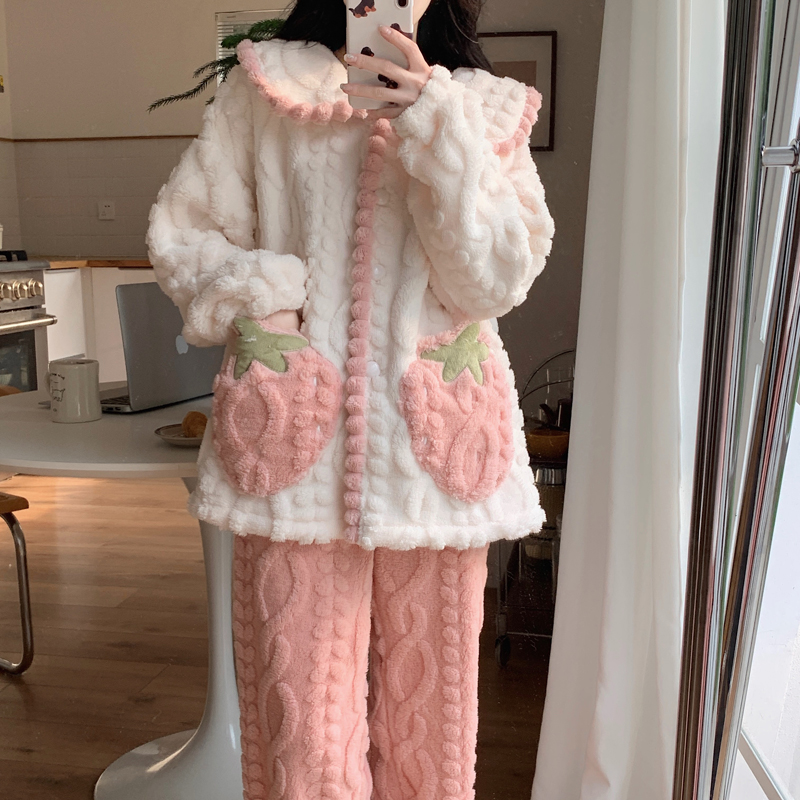 粉色可爱草莓韩系睡衣冬季珊瑚绒