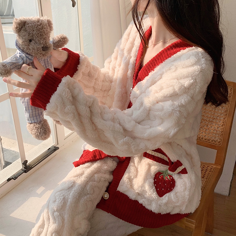 红色本命年睡衣秋冬季女款珊瑚绒