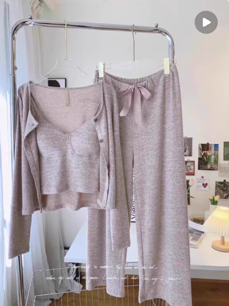 日系性感睡衣女春秋款带胸垫秋季女款2024新款夏款三件套装家居服