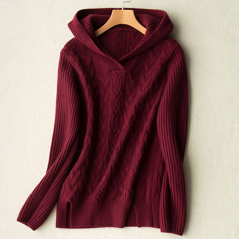 舍帕思新款加厚羊绒衫女秋冬套头带帽扭花纯山羊绒时尚毛衣外套