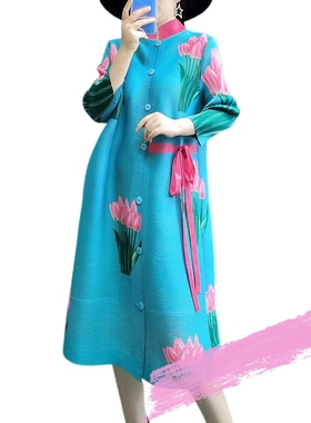 三宅系列褶皱时尚2025新款风衣立领单排扣气质优雅外套印花外套