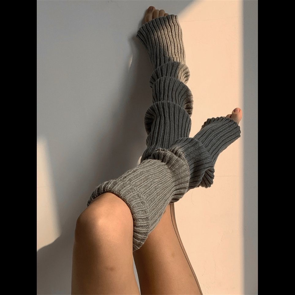 灰色过膝堆堆袜套女秋冬加长竖条纹护膝保暖腿套针织长筒袜小腿袜