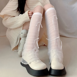 夏季 甜美芭蕾风蝴蝶结小腿袜套白色薄款 蕾丝袜子女喇叭堆堆袜腿套