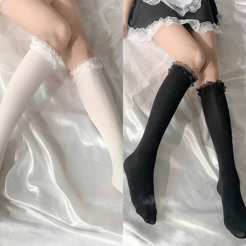 日系蕾丝小腿白丝袜花边过膝长筒袜女学生甜美蝴蝶结及膝中筒丝袜