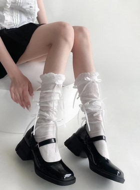 秋季新款蝴蝶结中筒堆堆袜芭蕾风灰色小腿袜子女甜美风花边泡泡袜