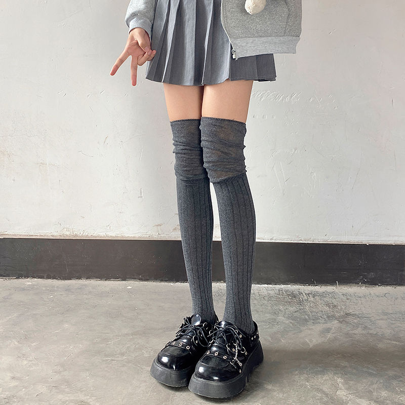 过膝袜黑灰拼色春秋高筒袜JK拼接堆堆袜黑色竖条显瘦长筒袜春秋冬