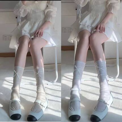 芭蕾风冰丝jk堆堆袜子女中筒夏季薄款蕾丝奶白色小腿冰冰袜ins袜