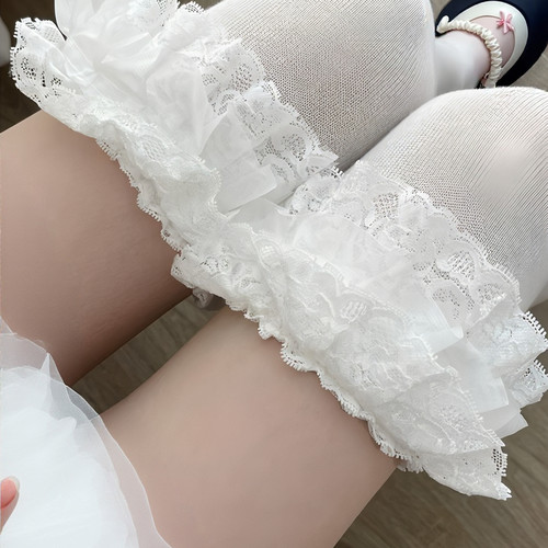 日系蕾丝大花边Lolita长筒袜白色Y2K少女洛丽塔甜美大腿袜过膝袜