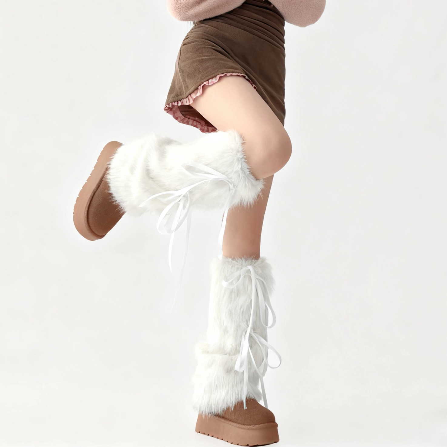 秋冬绑带白色腿套y2k亚比文化加厚毛绒蝴蝶结毛毛女显瘦堆堆袜套
