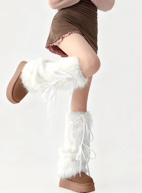 秋冬绑带白色腿套y2k亚比文化加厚毛绒蝴蝶结毛毛女显瘦堆堆袜套