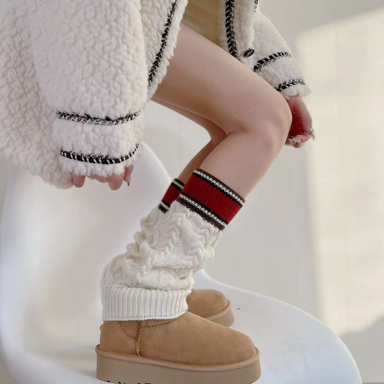 秋冬款白色针织雪地靴袜套女日系甜美麻花纹堆堆袜拼色长筒小腿袜
