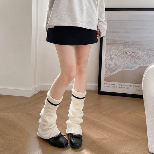 针织袜套竖条纹罗纹撞色条纹过膝高筒JK制服少女风冬季显瘦护腿
