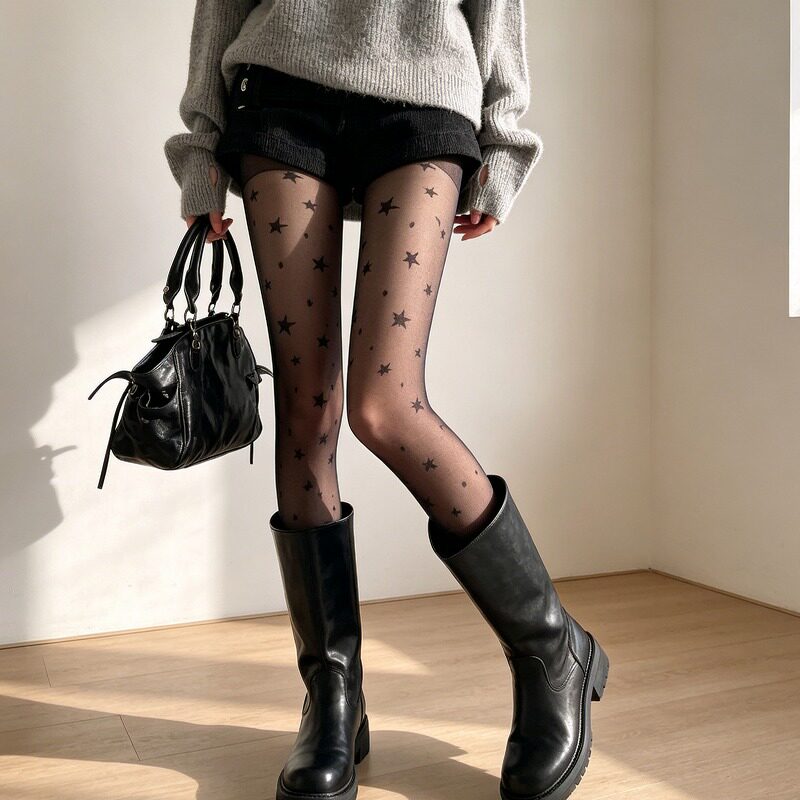 黑色丝袜女秋冬薄款复古星星圆点印花裤袜性感黑丝袜