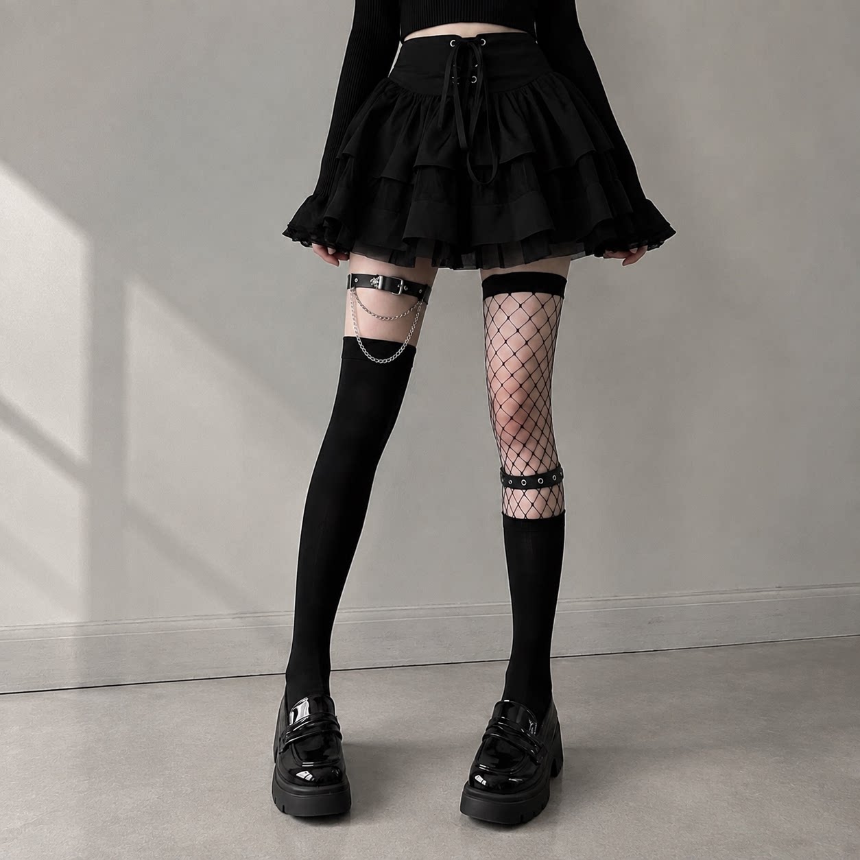 个性袜哥特风镂空破洞长筒袜甜酷少女y2k辣妹腿环链条黑丝黑色