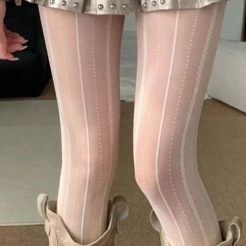 白色丝袜女夏季薄款防勾丝不掉档性感蕾丝竖条纹miu系打底连裤袜