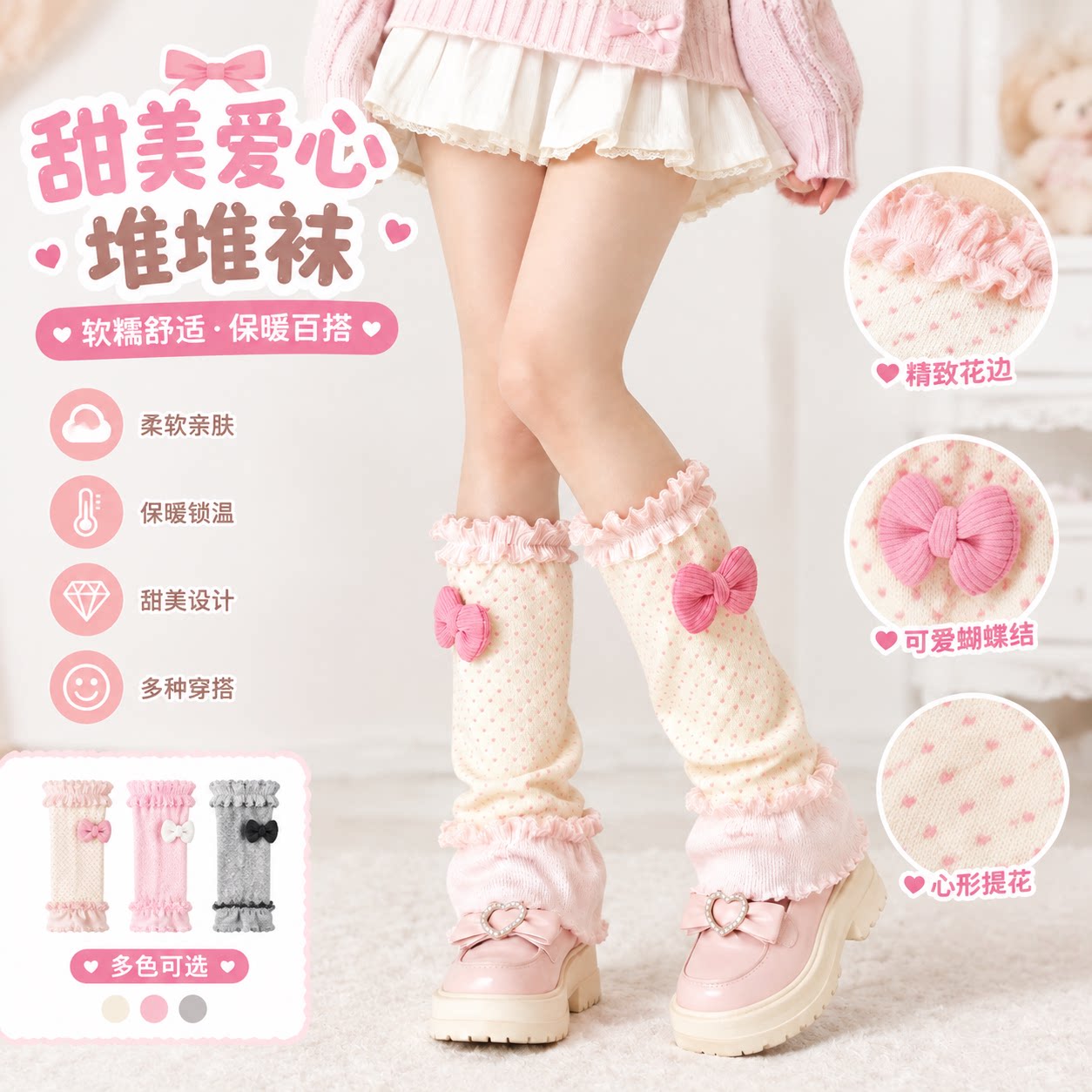 春夏新款甜美洛丽塔JK风袜套ins风蝴蝶结堆堆袜可爱少女花边腿套
