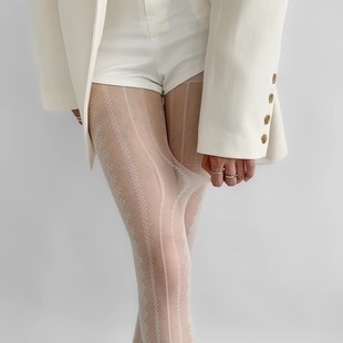 春夏超薄光腿神器连裤 丝袜 袜情调菱格蕾丝袜白丝透肤性感条纹连裤