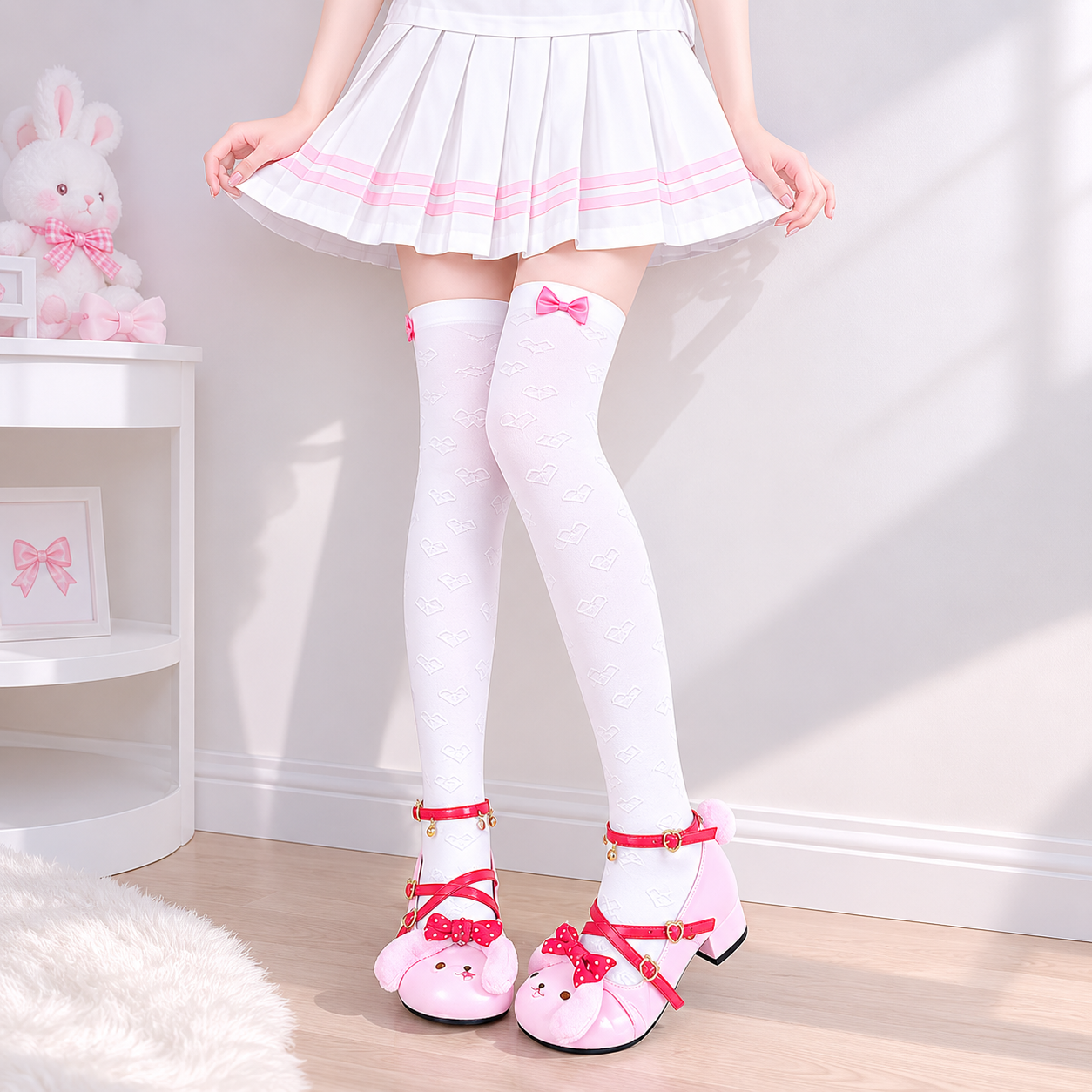 日系软妹JK制服袜Lolita爱心女儿服蝴蝶结过膝袜少女粉萝莉可爱