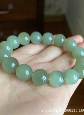 名都水晶 天然和田玉且末蓝圆珠手串 时尚圆珠浅绿色和田玉手链