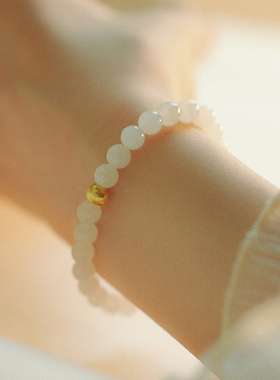 和田白玉手链女ins小众设计圆珠