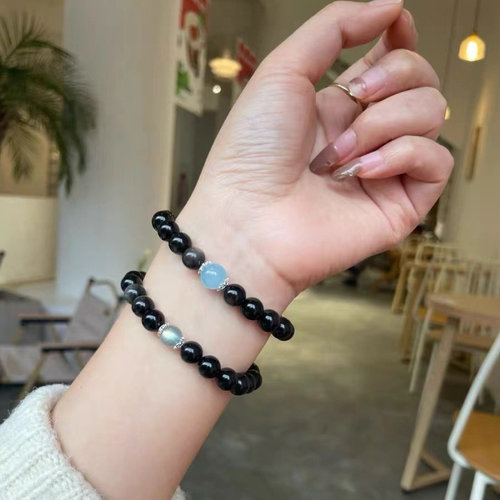 天然银曜石手串小众设计感海蓝宝