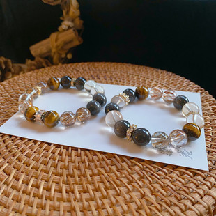天然黄水晶黄兔毛铜发晶虎眼石银曜石水晶12mm手链情侣小众设计款