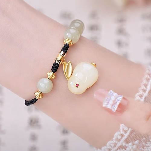 手工编织玉兔手链情侣天然玛瑙和田玉2022年新款抖音网红同款手绳