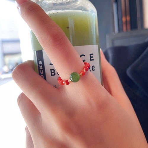 新款网红天然玛瑙碧玉戒指女ins小众串珠气质指环食指直播款