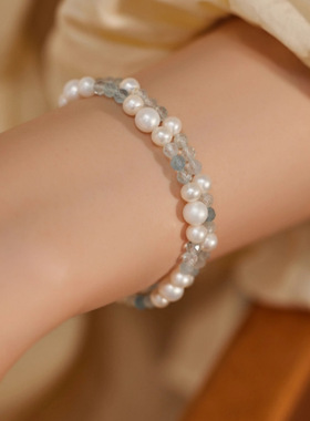 淡水珍珠手链海蓝宝手链错落款棉
