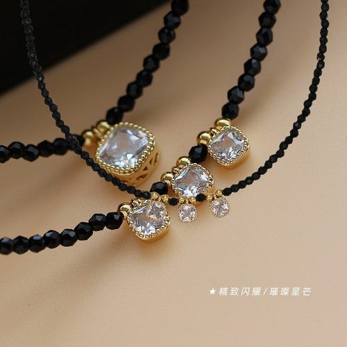 高级感黑色水晶锆钻珍珠吊坠项链女设计感小众复古个性颈链锁骨链