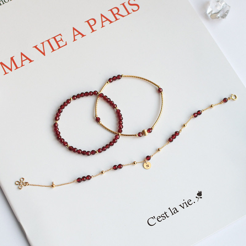 天然酒红石榴石手链ins小众设计1