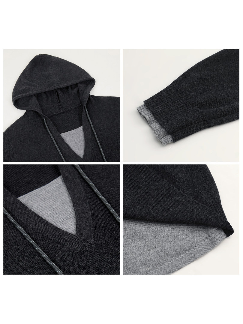 Black hooded sweatshirt shown in detail close-ups on a white background